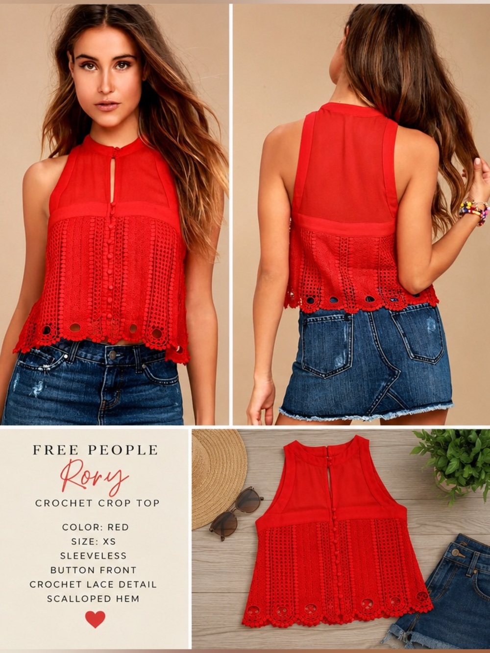 Free People Red Crochet Halter Camisole - Picture 2 of 6